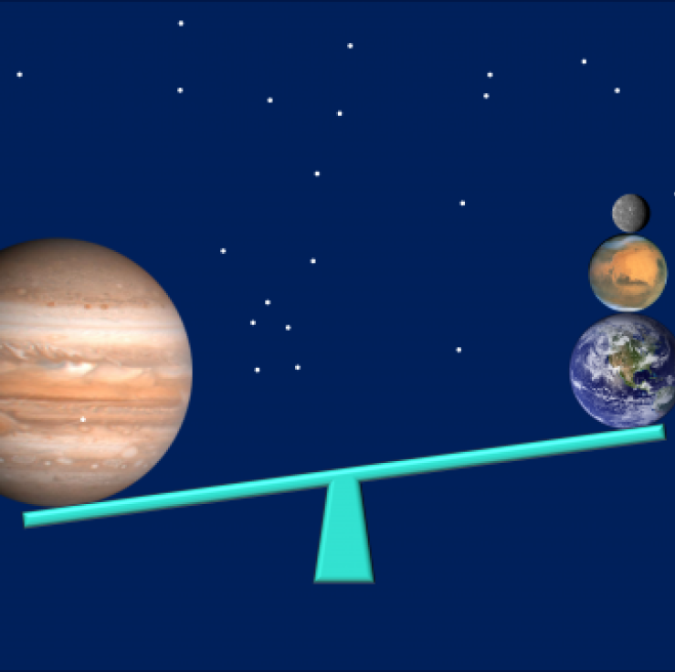 Cartoon of planets on a weighing balance in space. Jupiter is on the left side, weighing the balance is down. Earth, Mars, and Mercury are piled on top of each other on the other end of the balance.