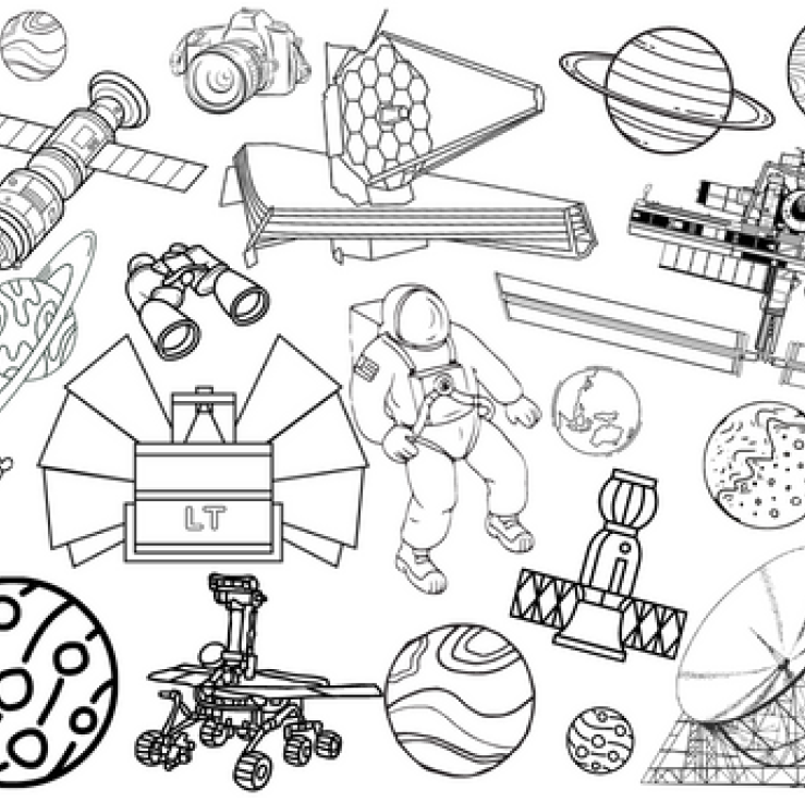 The image is filled with black and white outlines of telescopes, planets, astronauts, and space probes