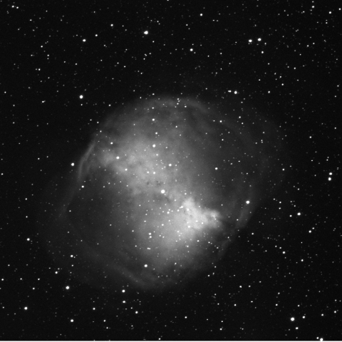 Black-and-white image of a nebula taken through a blue filter, showing a diffuse, circular cloud-like structure with varying brightness across its surface. The nebula is surrounded by numerous small stars against a dark background, with subtle details visible in the nebula's gas and dust formations