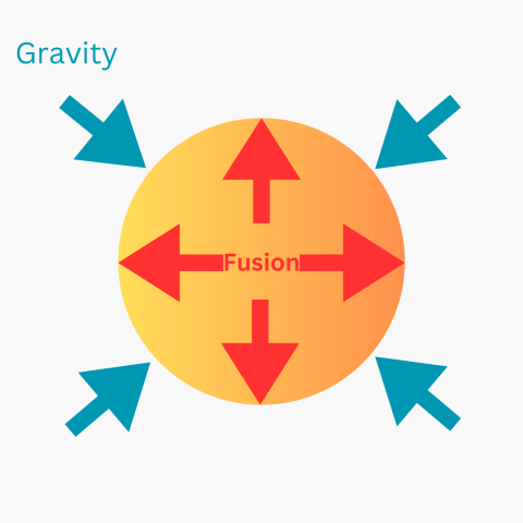 An orange and yellow circle is in the centre. Inside this, in the middle, is the word "Fusion" in red with four red arrow pointing up, down, and outwards to either side of the edges of the circle. Around the circle there are blue diagonal arrows at the top and bottom left and right. The word "Gravity" also in blue, is beside them. All the arrows are the same size.