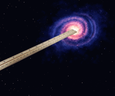 An animated image of a ruler extending towards a spiral galaxy, illustrating the concept of measuring cosmic distances