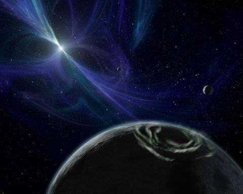 Artistic illustration of a pulsar system. A bright star emits beams of light across the dark, star-filled sky. In the foreground, a dark, rocky planet with greenish light patterns is visible, with two smaller celestial bodies in the background