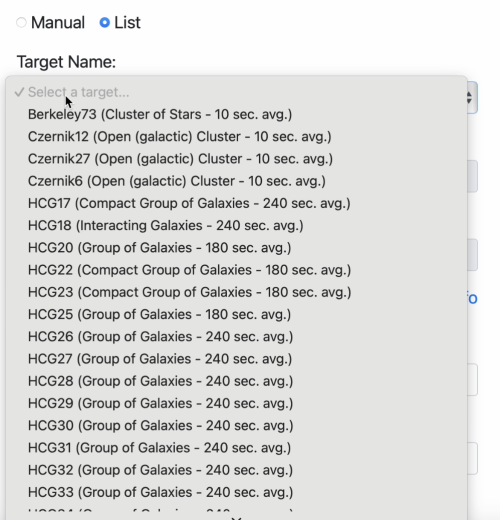 A screenshot showing "Manual" and "List" in the top right with "List" selected. Beneath this it reads "Target Name". There is a long list of astronomical objects. The list shows the catalogue name, the type of object, and gives an average exposure time for each.