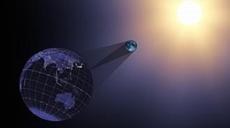 An artists impression of an eclipse with the Earth, Moon and Sun lined up, the Sun in the distance and the Earth closest to the viewer