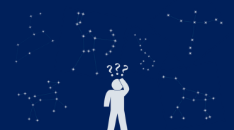 A cartoon person looking confused in front of a sky filled with constellations