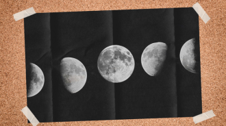 A poster taped to a notice board. The poster shows the phases of the Moon in a horizontal row against a black background