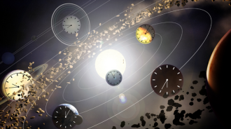 A illustration of the planets orbiting the Sun. Each planet has a clock face on it.