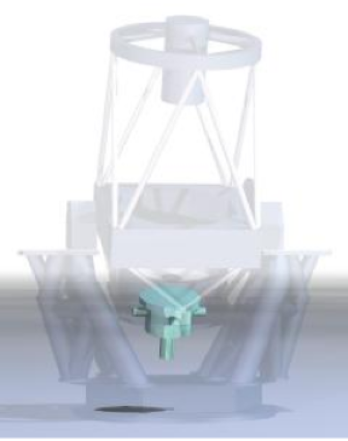 An architect draft of a large robotic telescope. The instruments (a circular-like structure, located at the bottom of the telescope, with small bars sticking out horizontally at each side and one larger one pointing down vertically) are highlighted in green-blue.