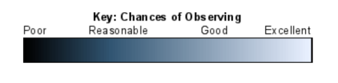 A horizontal rectangle on a white background. The rectangle is black on the left, and then the colour fades to dark blue, light blue, and then finally white on the right. A title at the top reads "Key: Chance of Observing". Beneath this, from left to right, it reads "Poor", "Reasonable", "Good", and then "Excellent".