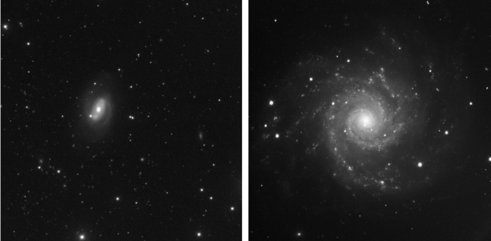 2 images of galaxies side by side, each against a black background with white dots of stars randomly scattered around in various sizes. On the left, the galaxy is small and sits centre-left, a white glowing sphere in the middle and the rest of it appearing as a fuzzy oval. On the right, the galaxy is centre and much larger, taking up most of the image. It has a glowing, white middle and fuzzy grey arms that spiral around it.