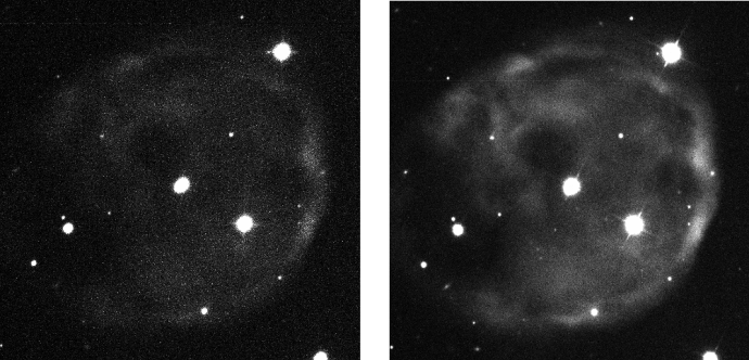 2 side by side images of the same grey, bubble-like nebula against a black ground with a few stars appearing as bright, white circles. On the left, the nebula is faint and barely visible. On the right, the nebula is slightly brighter and has more detail.