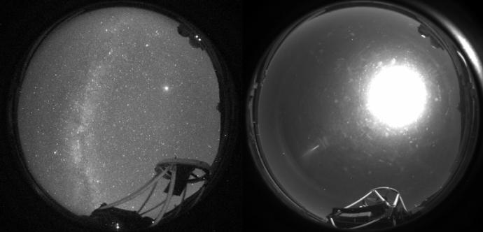 Two circular images side by side showing a partial view of a telescope, though most of the image shows the night sky. On the left, there are small white dots of stars and the dusty band of the Milky Way stretches in a slightly curved vertical line from top to bottom. On the right, there is a large white sphere to the right of the centre, and the sky is just dark.